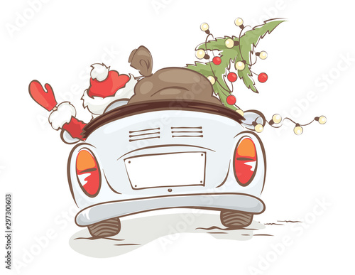 Santa hurries to bring gifts. Christmas grandfather with a bag and a Christmas tree in a convertible car, vector illustration.