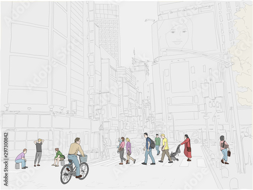 Hand drawn illustration. People cross the street in the beautiful and exciting Shinjuku neighborhood of Tokyo, Japan. People in color. photo