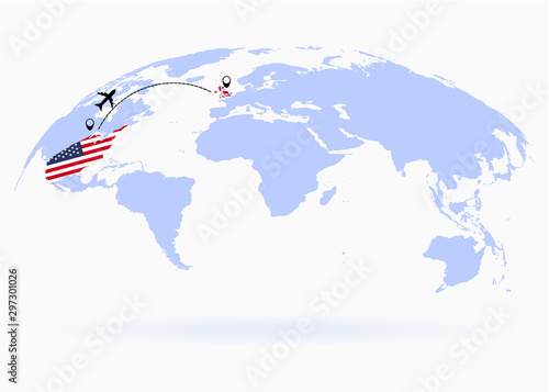 Flight from USA to England above world map. Airplane arrives to England. The world map. Airplane line path. Vector illustration. EPS 10