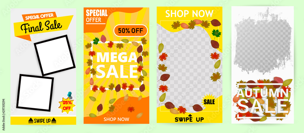 Fototapeta Autumn Sale Design with Falling Leaves and Lettering on Light Background. Autumnal Vector Illustration with Special Offer Typography Elements for Coupon, Voucher, Banner, Flyer