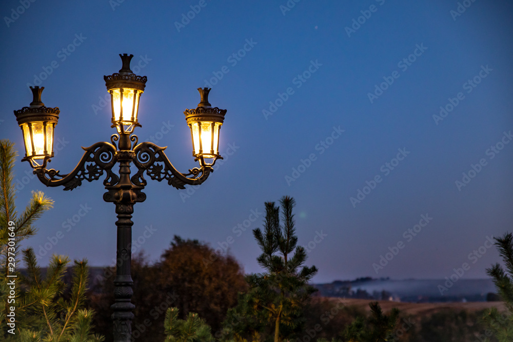 retro street lamp lantern near Christmas tree