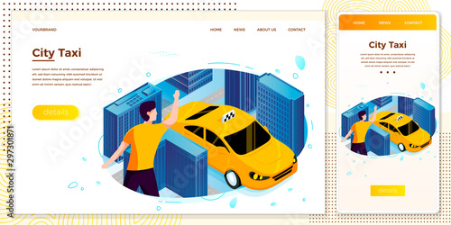 Vector illustration set man catching taxi cab