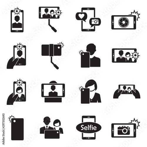 Selfie Icons. Black Flat Design. Vector Illustration.