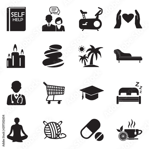 Self Help Icons. Black Flat Design. Vector Illustration.