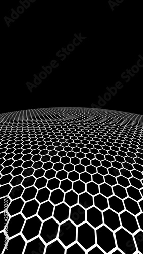 Dark honeycomb on dark background. Perspective view on polygon look like honeycomb. Ball  planet  covered with a network  honeycombs  cells. 3D illustration