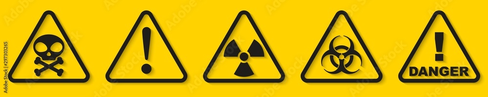Set of danger signs isolated on yellow background. Vector illustration Set of danger signs isolated on yellow background. Vector illustration