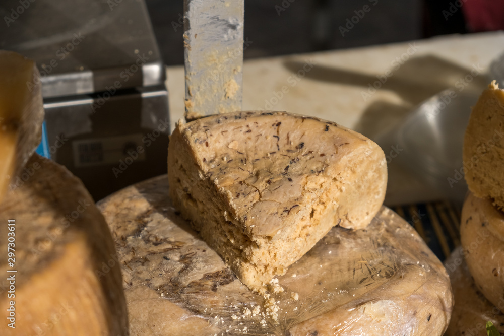 Traditional Sardinian cheese with worms. Banned and illegal cheese with