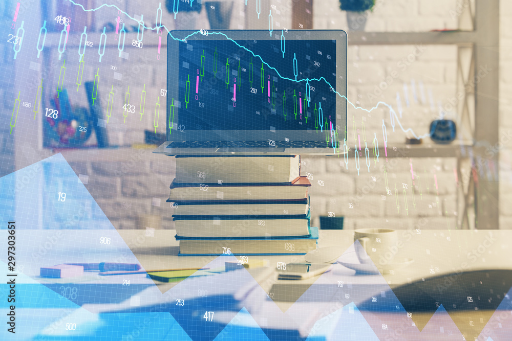 Double exposure of chart and financial info and work space with computer background. Concept of international online trading. Double exposure of chart and financial info and work space with computer background. Concept of international online trading.
