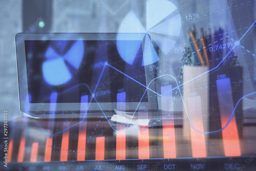 Stock market graph on background with desk and personal computer. Double exposure. Concept of financial analysis. Stock market graph on background with desk and personal computer. Double exposure. Concept of financial analysis.