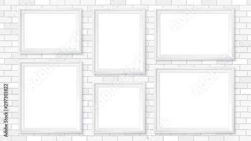 Frames gallery on brick wall. Empty framing for modern interior. Realistic vector mock up for posters, paintings, drawings, arts or photos.