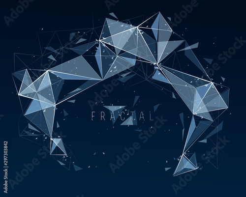 Low poly particles abstract vector background, polygonal fractal design, 3D dimensional element with connected lines, mesh object technology and science theme.
