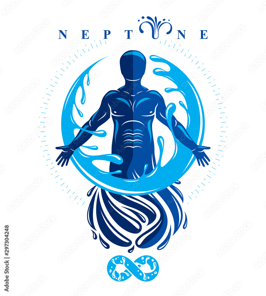 Vector graphic illustration of strong male, body silhouette surrounded by a water ball. Living in harmony with nature. Vector graphic illustration of strong male, body silhouette surrounded by a water ball. Living in harmony with nature.