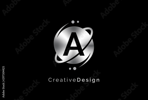 Minimalist initial logo with planet orbit with metal effect logo template