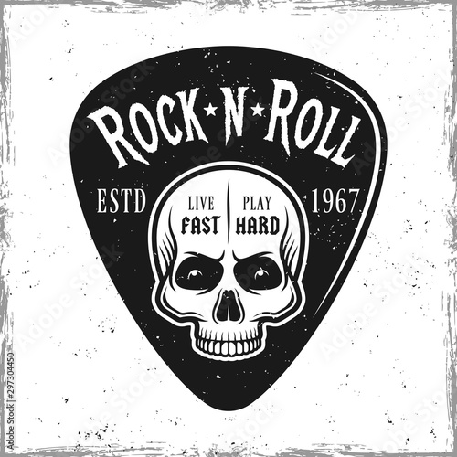 Guitar pick with skull and text rock n roll