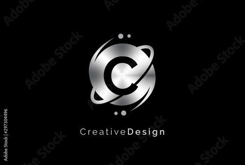 Minimalist initial logo with planet orbit with metal effect logo template
