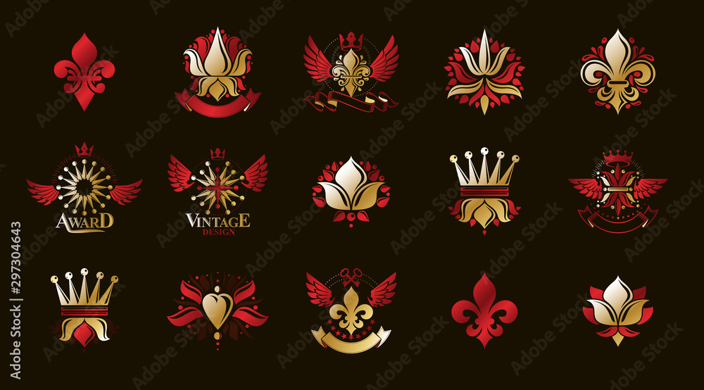 Classic style De Lis and crowns emblems big set, lily flower symbol ancient heraldic awards and labels collection, classical heraldry design elements, family or business emblems. Classic style De Lis and crowns emblems big set, lily flower symbol ancient heraldic awards and labels collection, classical heraldry design elements, family or business emblems.