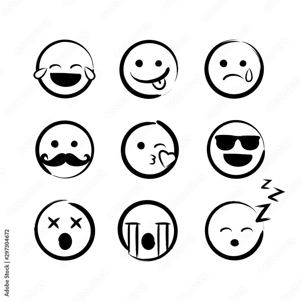 Vector illustration hand drawn ink emojis faces. Doddle emoticons sketch with differrent emotions. Vector illustration hand drawn ink emojis faces. Doddle emoticons sketch with differrent emotions.