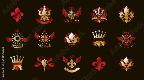 Classic style De Lis and crowns emblems big set, lily flower symbol ancient heraldic awards and labels collection, classical heraldry design elements, family or business emblems.