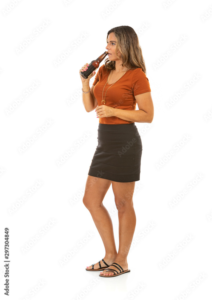 Businesswoman Drinks Beer In Side View Businesswoman Drinks Beer In Side View