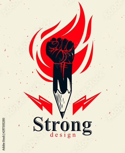 Strong design or art power concept shown as a pencil with clenched fist combined into symbol with fire flame, vector logo or creative conceptual icon for designer or studio, science research.