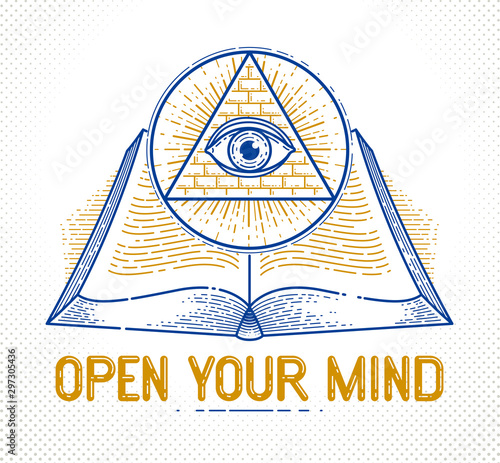 Secret knowledge vintage open book with all seeing eye of god in sacred geometry triangle, insight and enlightenment, masonry or illuminati symbol, vector logo or emblem design element.