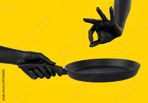 Black chef hands holding pan isolated on yellow, abstract illustration of cooking and seasoning process, fry something promo banner concept. 3d rendering
