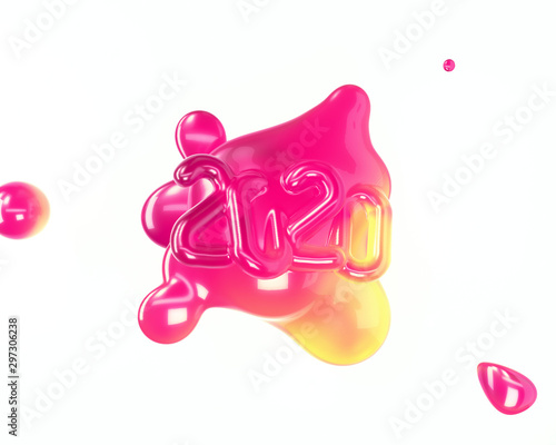 New year 2020 fluid abstract shape banner. bright liquid flying drop with text 2020 isolated on white. 3D rendering