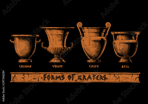Forms of kraters. Greek vessel shapes.