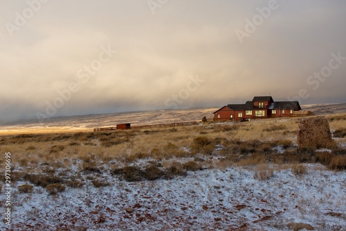 Evening landscape in rural Wyoming after snowfall