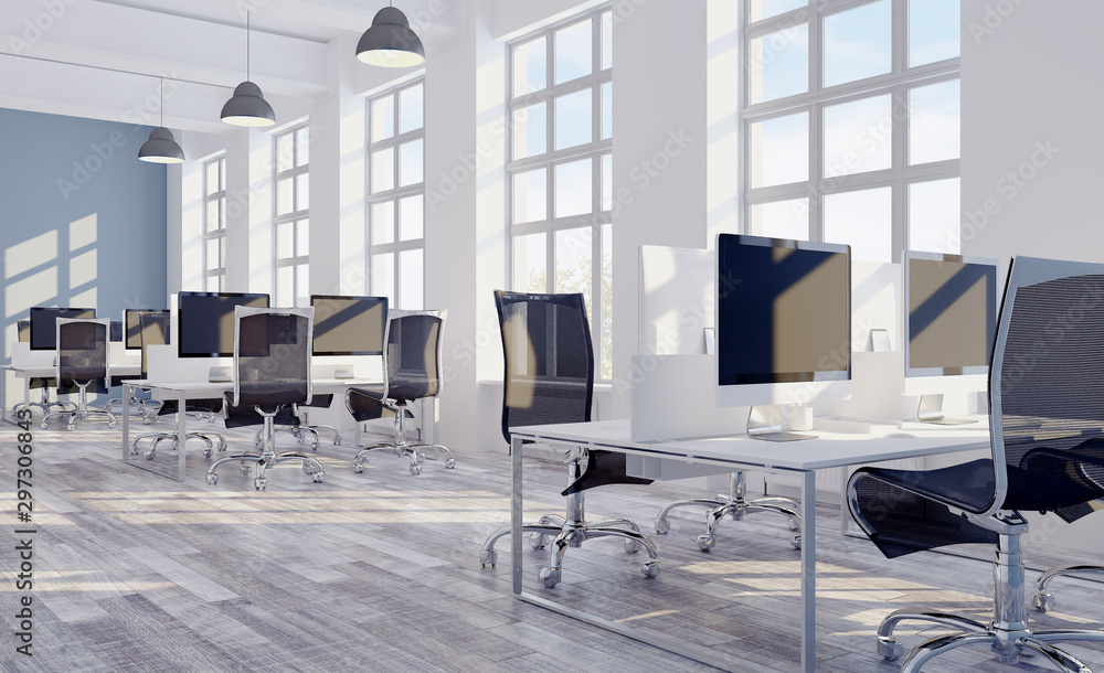 Fototapeta premium 3D rendering, large office. open space. panoramic windows. bright hues.