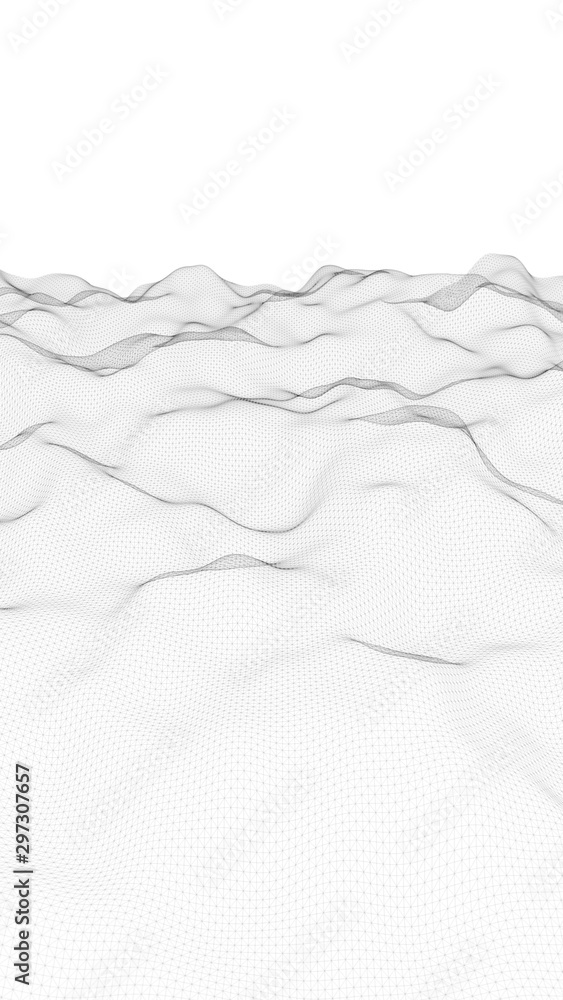 Obraz premium Abstract landscape on a white background. Cyberspace grid. hi tech network. Depth of field. 3d illustration