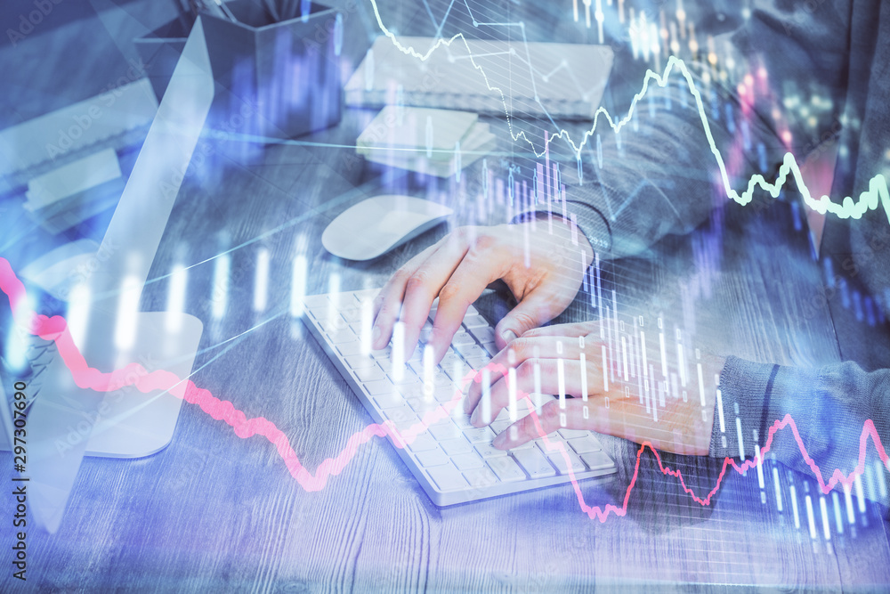 Double exposure of financial graph with man works in office on background. Concept of analysis. Double exposure of financial graph with man works in office on background. Concept of analysis.