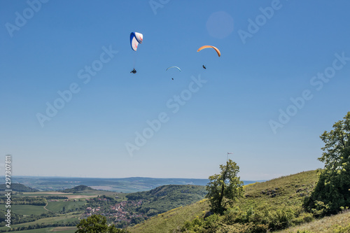 Paragliders above south moravia, Pálava, czech republic