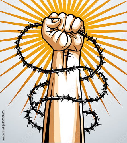 Slavery theme illustration with strong hand clenched fist fighting for freedom against blackthorn thorn, vector logo or tattoo, through the thorns to the stars concept.