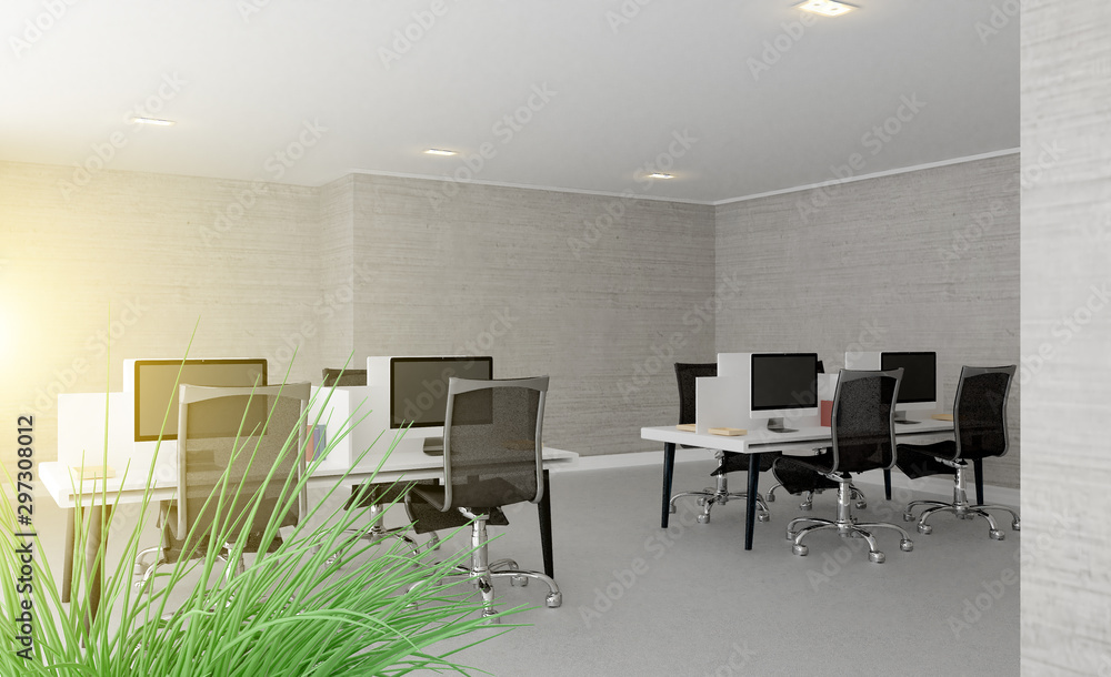 Meeting room in shades of gray. Open space. Great office. Sunset. 3D rendering Meeting room in shades of gray. Open space. Great office. Sunset. 3D rendering