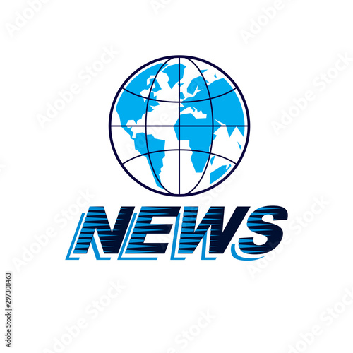 Journalism theme vector emblem created with Earth planet illustration and news writing, News and facts reporting.