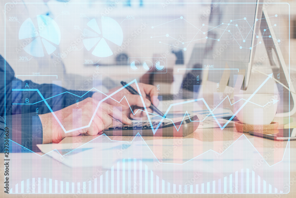 Forex graph with businessman working on computer in office on background. Concept of hardworking. Closeup. Multi exposure. Forex graph with businessman working on computer in office on background. Concept of hardworking. Closeup. Multi exposure.