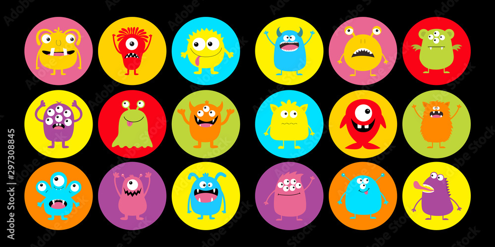 Monster head super big round icon set. Happy Halloween. Boo Spooky Screaming smiling sad face emotion. Three eyes, tongue, teeth fang, mouse. Flat design style. Black background. Monster head super big round icon set. Happy Halloween. Boo Spooky Screaming smiling sad face emotion. Three eyes, tongue, teeth fang, mouse. Flat design style. Black background.