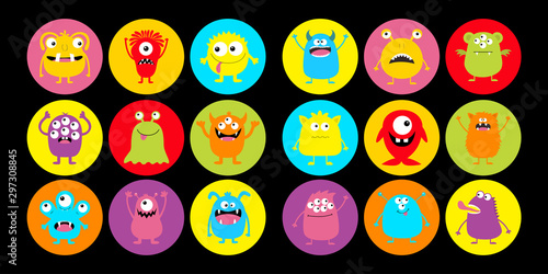 Monster head super big round icon set. Happy Halloween. Boo Spooky Screaming smiling sad face emotion. Three eyes, tongue, teeth fang, mouse. Flat design style. Black background.