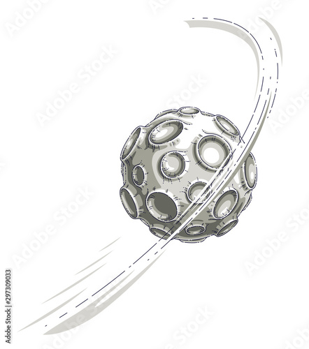 Small cartoon vector fantastic planet with craters from asteroid and meteorite rains fall. Thin line 3d vector illustration isolated on white background.