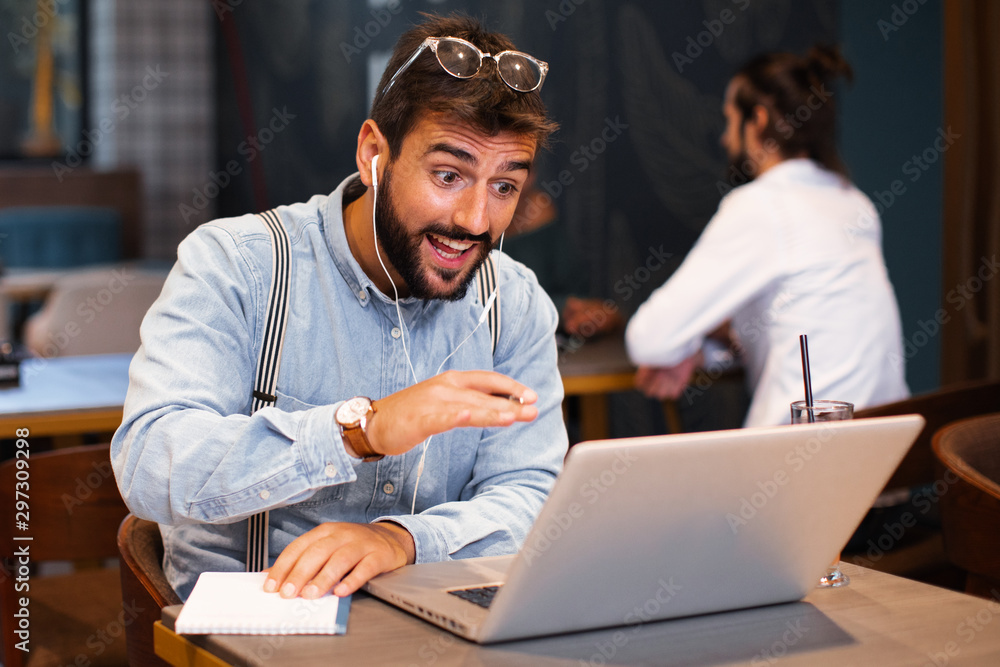 Man have business meeting via video call in a cafe Man have business meeting via video call in a cafe
