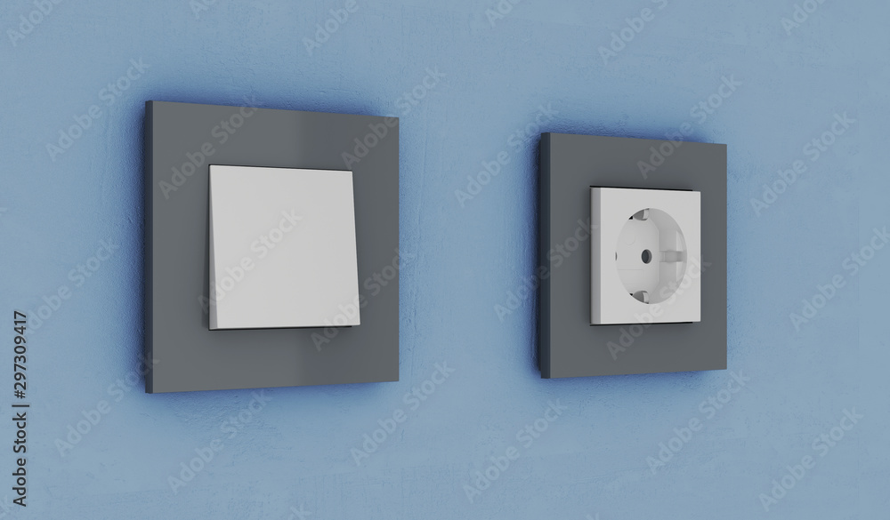 Electrical switch and plug on wall. 3D rendering Electrical switch and plug on wall. 3D rendering