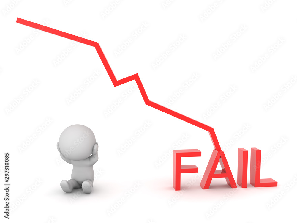 3D Character next to chart graph showing failure 3D Character next to chart graph showing failure