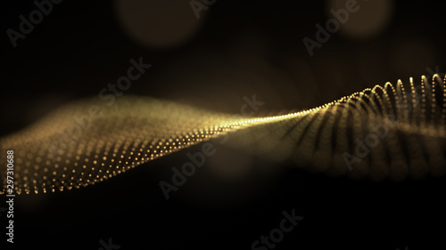 A bright golden particulate 3D rendered DNA on a black bokeh background.