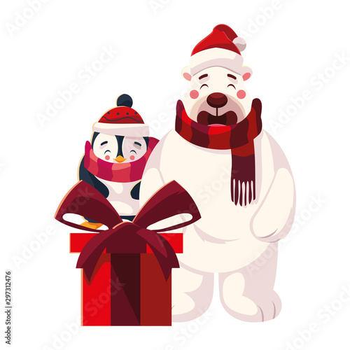 polar bear and penguin with gift box on white background