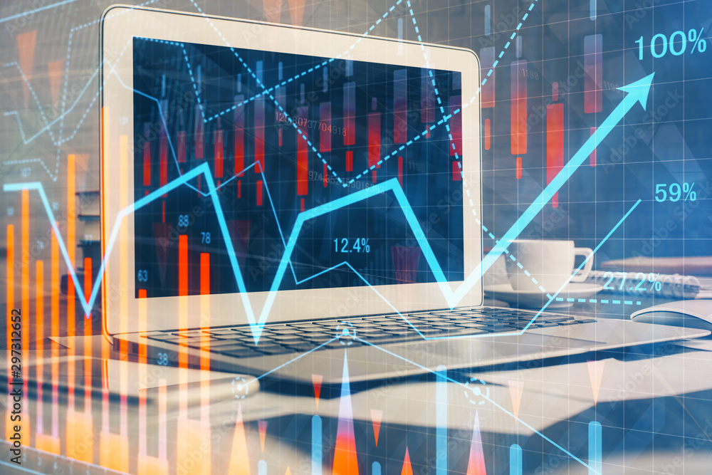Stock market graph and table with computer background. Multi exposure. Concept of financial analysis. Stock market graph and table with computer background. Multi exposure. Concept of financial analysis.