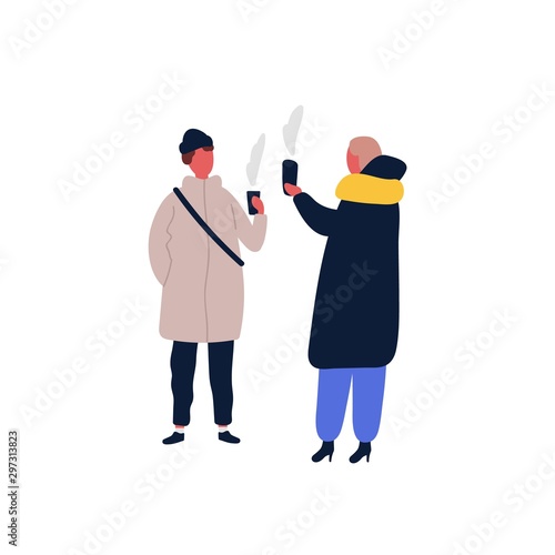 Women and man standing together with hot drink flat vector illustration. Frie...