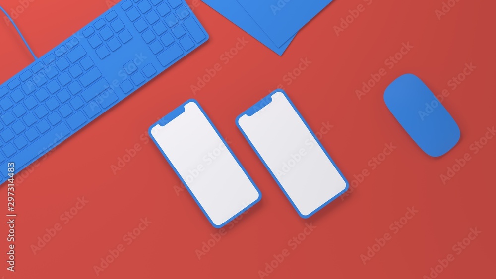 Flat Mobile phone mockup screens beside keyboard with mouse on work desk pastel colors, blue on red background 3d rendering Flat Mobile phone mockup screens beside keyboard with mouse on work desk pastel colors, blue on red background 3d rendering