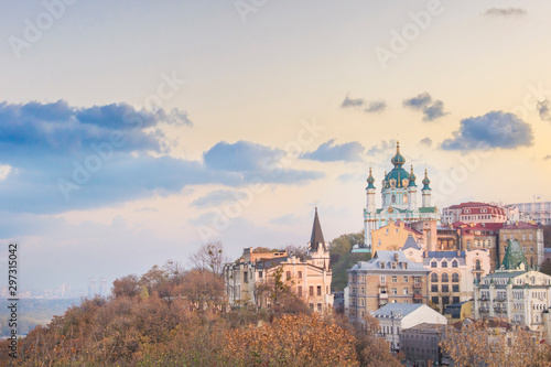 Beautiful view of St. Andrew s Church and St. Andrew s Descent in Kyiv  Ukraine
