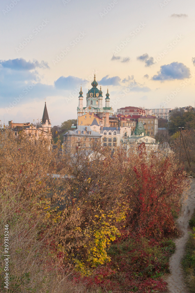 Beautiful view of St. Andrew's Church and St. Andrew's Descent in Kyiv, Ukraine